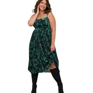 Torrid Midi Velvet Skater Dress Size 3 3X 22-24 Green Floral Whimsigoth Pockets